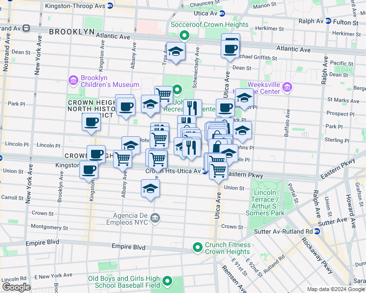 map of restaurants, bars, coffee shops, grocery stores, and more near 1311 Saint Johns Place in Brooklyn