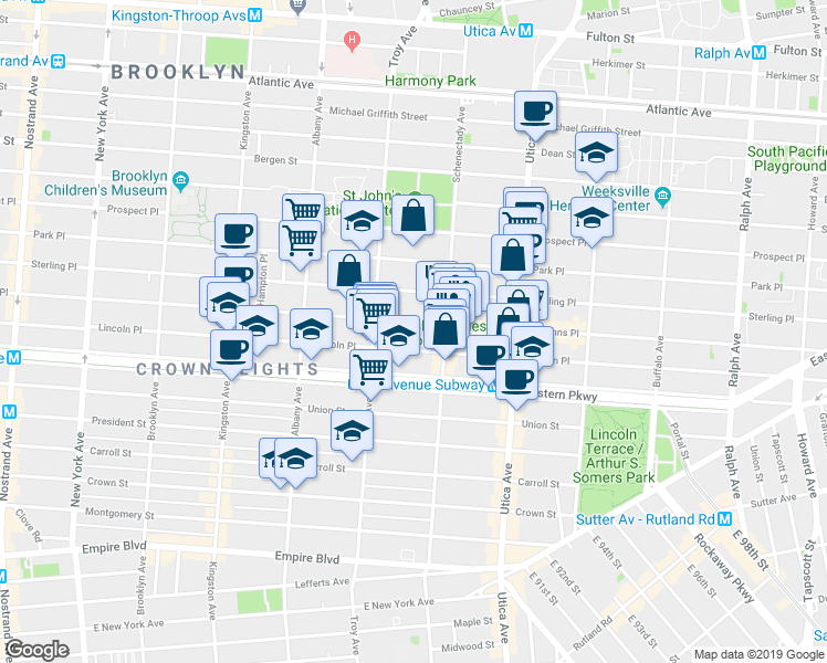 map of restaurants, bars, coffee shops, grocery stores, and more near 1311 Saint Johns Place in Brooklyn