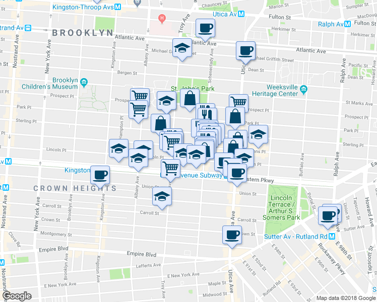 map of restaurants, bars, coffee shops, grocery stores, and more near 1311 Saint Johns Place in Brooklyn