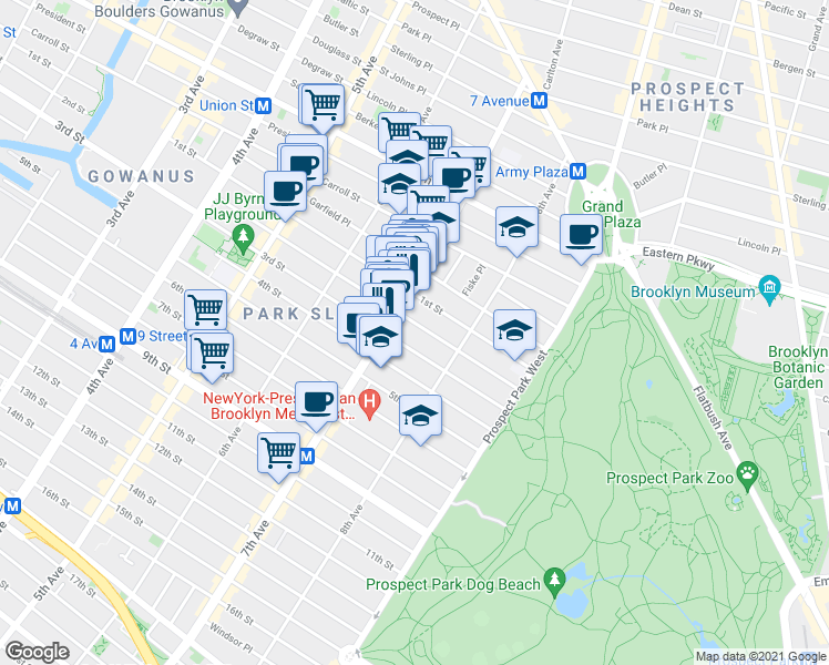 map of restaurants, bars, coffee shops, grocery stores, and more near 519 2nd Street in Brooklyn