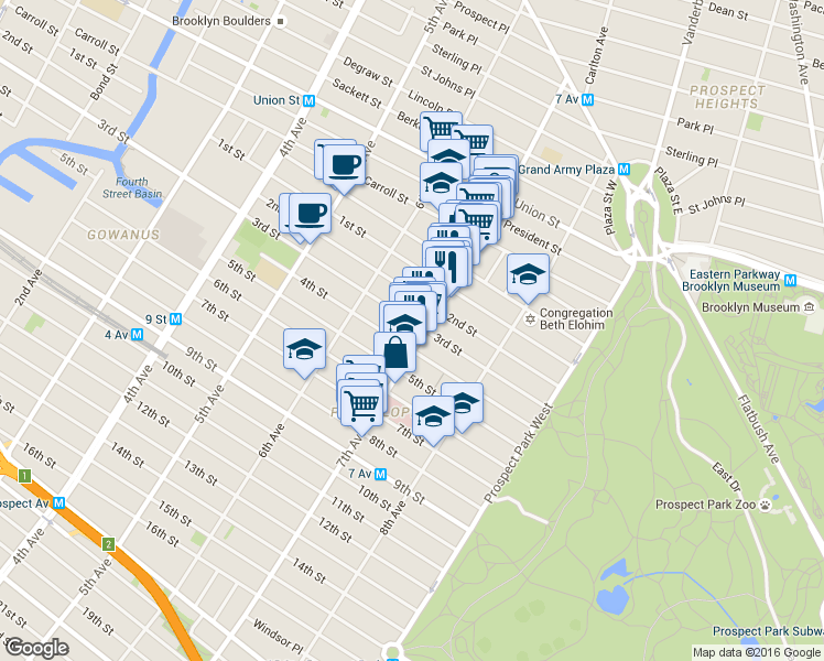 map of restaurants, bars, coffee shops, grocery stores, and more near 200 7th Avenue in Brooklyn