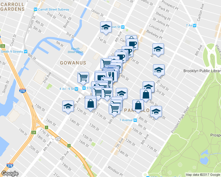 map of restaurants, bars, coffee shops, grocery stores, and more near 339 6th Street in Brooklyn