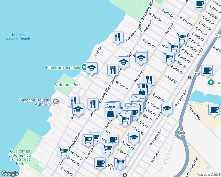 map of restaurants, bars, coffee shops, grocery stores, and more near 120 West 29th Street in Bayonne