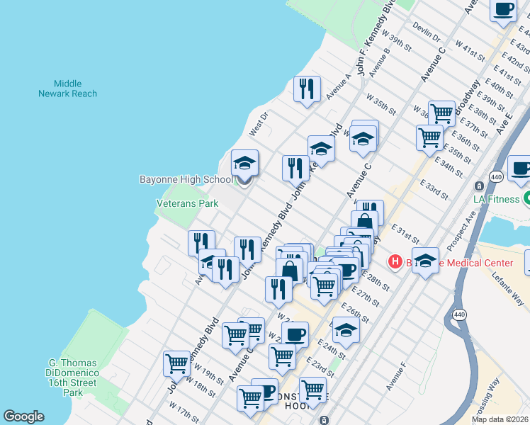 map of restaurants, bars, coffee shops, grocery stores, and more near 658 Avenue A in Bayonne