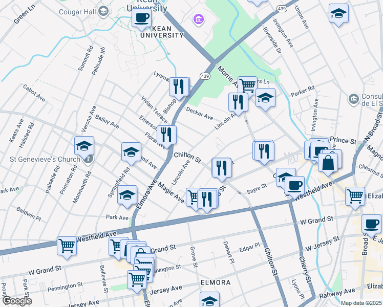 map of restaurants, bars, coffee shops, grocery stores, and more near 180 Lincoln Avenue in Elizabeth