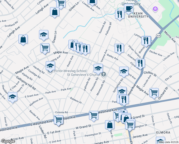 map of restaurants, bars, coffee shops, grocery stores, and more near 210 Hillside Road in Elizabeth