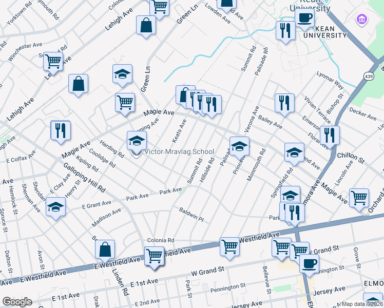 map of restaurants, bars, coffee shops, grocery stores, and more near 185 Glenwood Road in Elizabeth