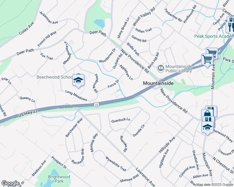 map of restaurants, bars, coffee shops, grocery stores, and more near 1479 Force Drive in Mountainside
