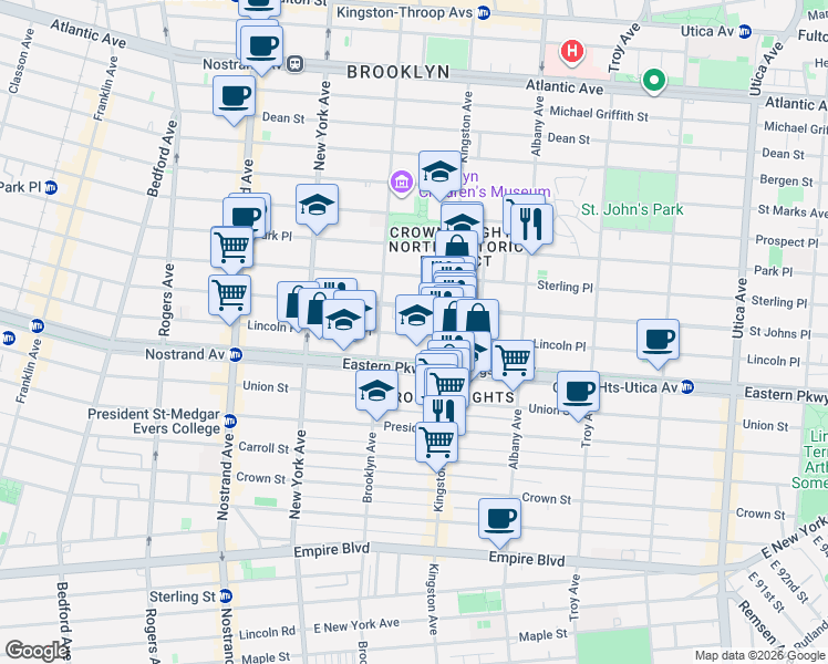 map of restaurants, bars, coffee shops, grocery stores, and more near 1034 Saint Johns Place in Brooklyn