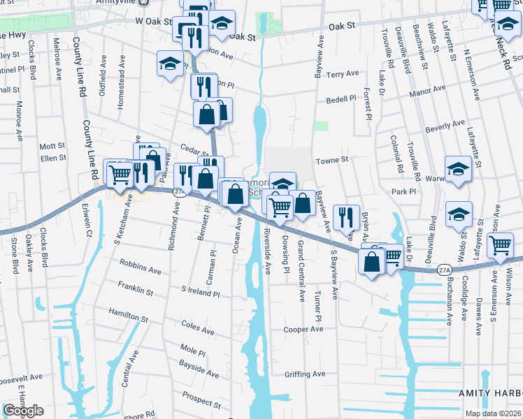 map of restaurants, bars, coffee shops, grocery stores, and more near B Susan Lane in Amityville