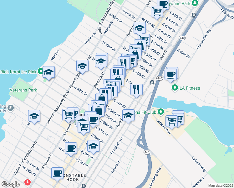 map of restaurants, bars, coffee shops, grocery stores, and more near 702 Broadway in Bayonne