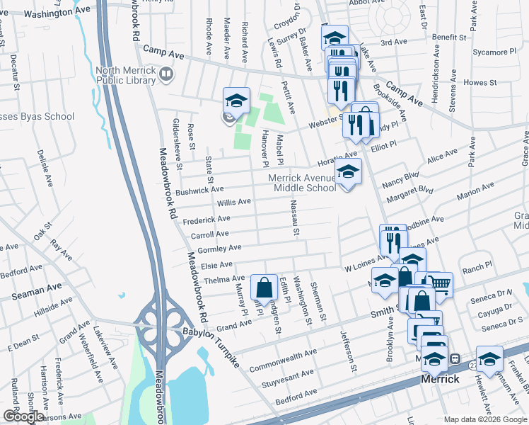 map of restaurants, bars, coffee shops, grocery stores, and more near 1858 Willis Avenue in Merrick