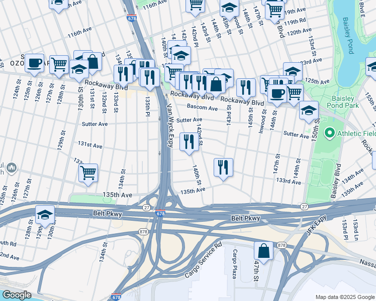 map of restaurants, bars, coffee shops, grocery stores, and more near 140-20 130th Avenue in Queens