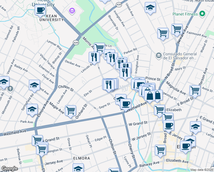 map of restaurants, bars, coffee shops, grocery stores, and more near 40 Elm Street in Elizabeth