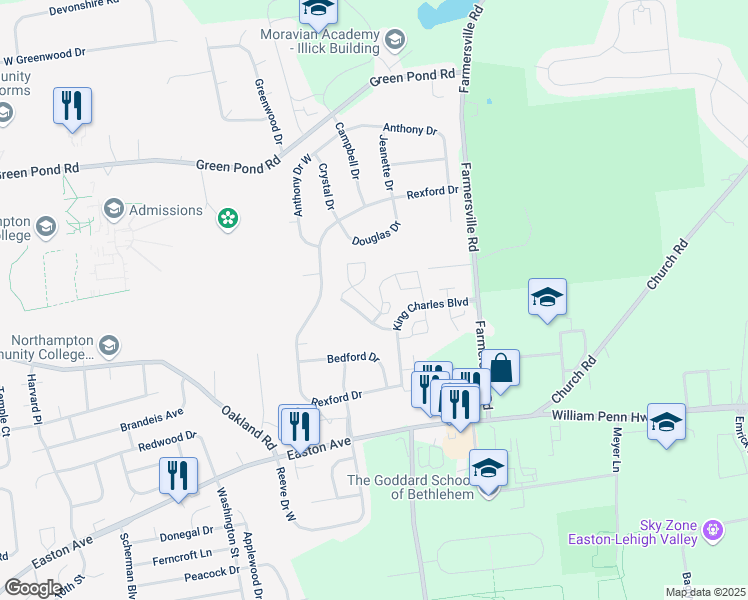 map of restaurants, bars, coffee shops, grocery stores, and more near 126 Commonwealth Drive in Bethlehem