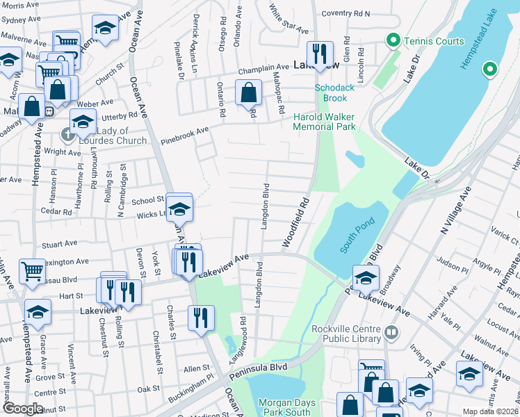 map of restaurants, bars, coffee shops, grocery stores, and more near 1223 Langdon Boulevard in Rockville Centre