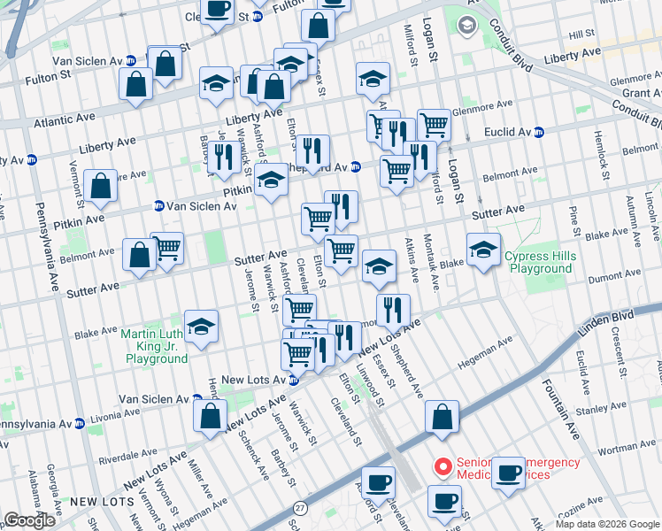 map of restaurants, bars, coffee shops, grocery stores, and more near 491 Elton Street in Brooklyn