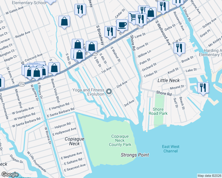 map of restaurants, bars, coffee shops, grocery stores, and more near 779 South 5th Street in Lindenhurst
