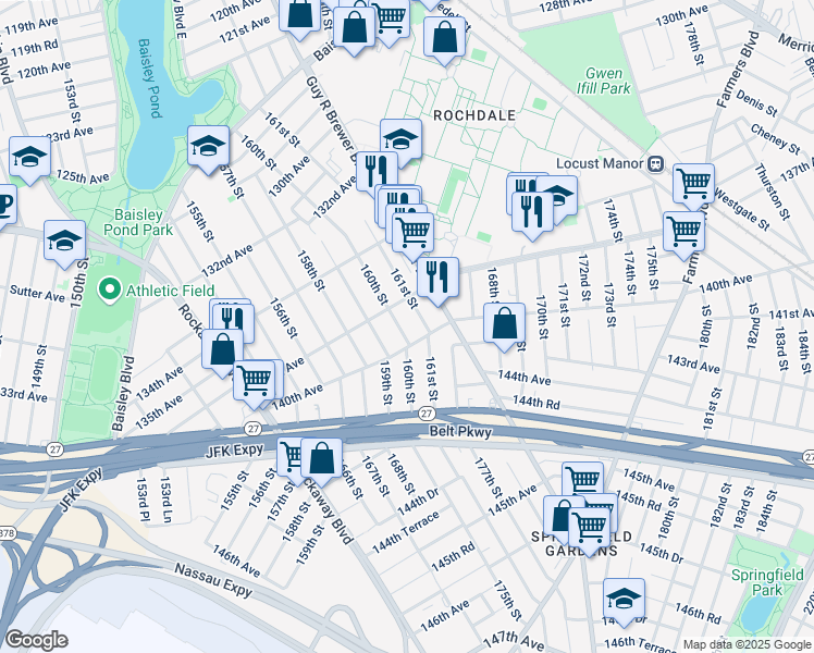map of restaurants, bars, coffee shops, grocery stores, and more near 160-02 137th Avenue in Queens