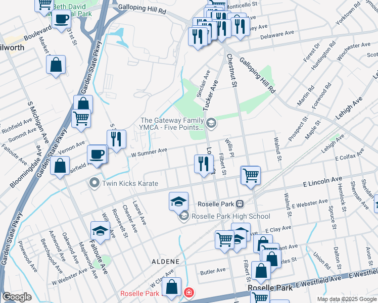 map of restaurants, bars, coffee shops, grocery stores, and more near 829 Larch Street in Roselle Park