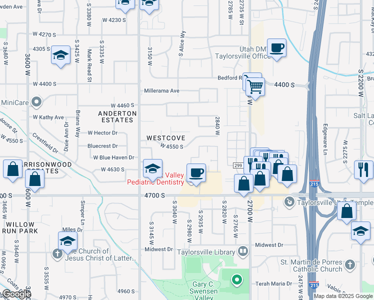 map of restaurants, bars, coffee shops, grocery stores, and more near 2995 Westcove Drive in West Valley City