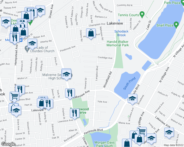map of restaurants, bars, coffee shops, grocery stores, and more near 501 Lafayette Avenue in Rockville Centre
