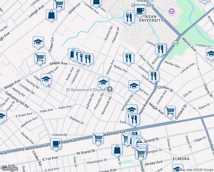 map of restaurants, bars, coffee shops, grocery stores, and more near 824 Magie Avenue in Elizabeth