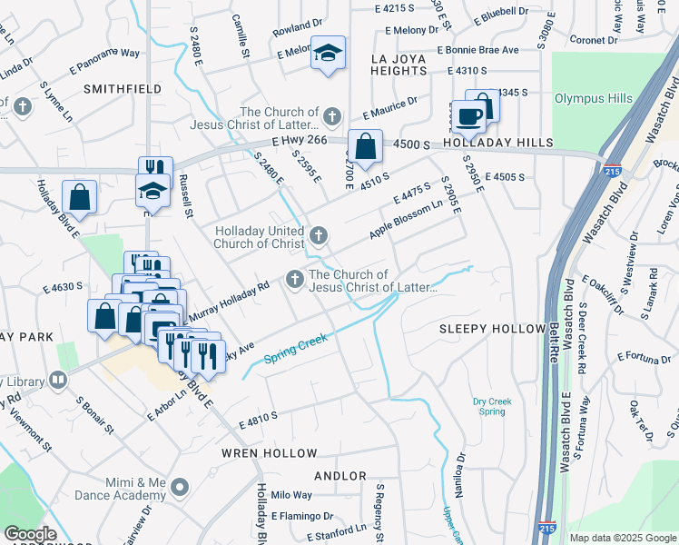 map of restaurants, bars, coffee shops, grocery stores, and more near 2664 East Murray Holladay Road in Holladay
