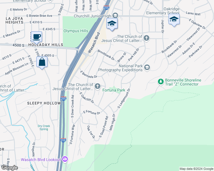 map of restaurants, bars, coffee shops, grocery stores, and more near 4596 South Idlewild Road in Salt Lake City