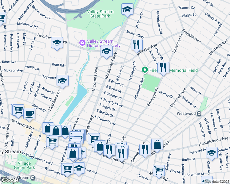 map of restaurants, bars, coffee shops, grocery stores, and more near 37 East Dover Street in Valley Stream