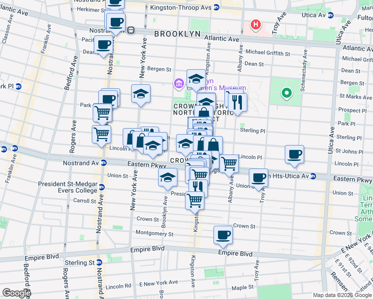 map of restaurants, bars, coffee shops, grocery stores, and more near 1005 Lincoln Place in Brooklyn