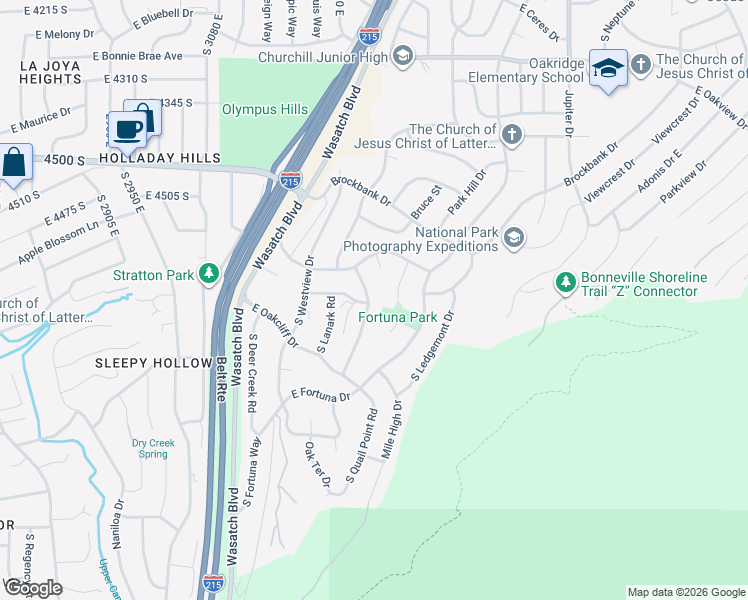 map of restaurants, bars, coffee shops, grocery stores, and more near 4596 South Idlewild Road in Salt Lake City