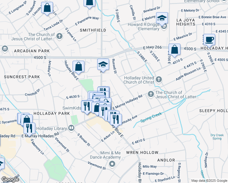 map of restaurants, bars, coffee shops, grocery stores, and more near 2321 Makenna Court in Holladay