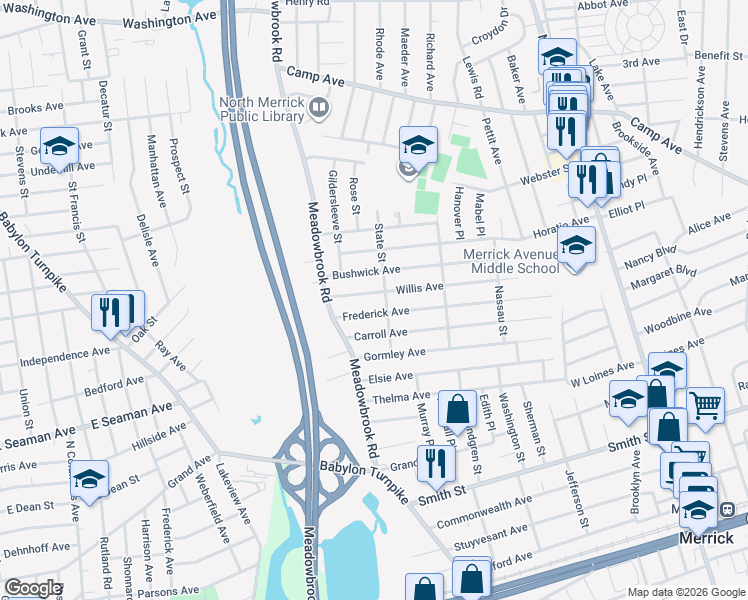 map of restaurants, bars, coffee shops, grocery stores, and more near 1735 Willis Avenue in Merrick
