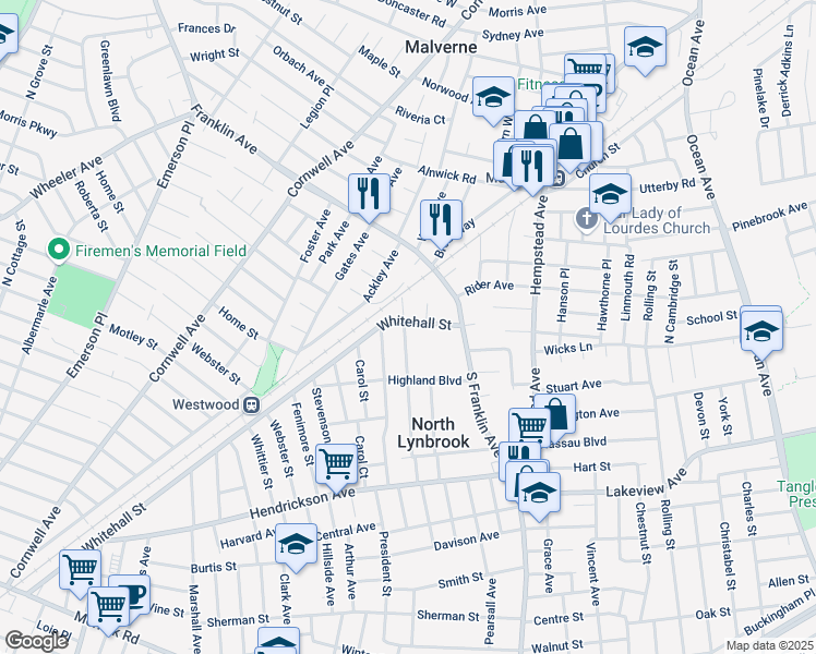 map of restaurants, bars, coffee shops, grocery stores, and more near 490 Whitehall Street in Lynbrook