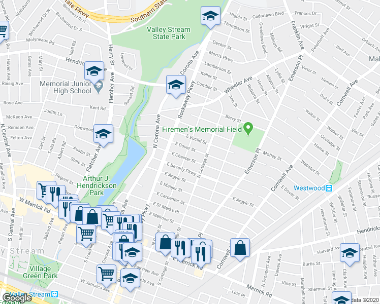 map of restaurants, bars, coffee shops, grocery stores, and more near 37 East Dover Street in Valley Stream