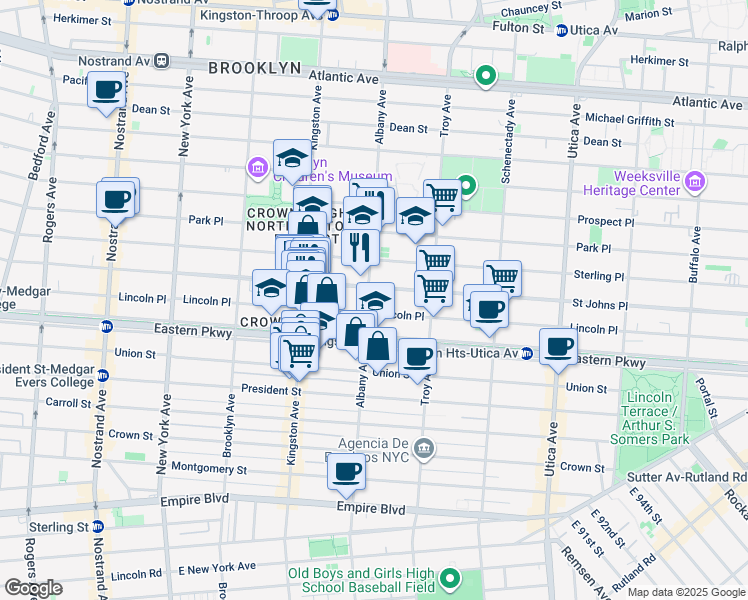 map of restaurants, bars, coffee shops, grocery stores, and more near 1167 Saint Johns Place in Brooklyn