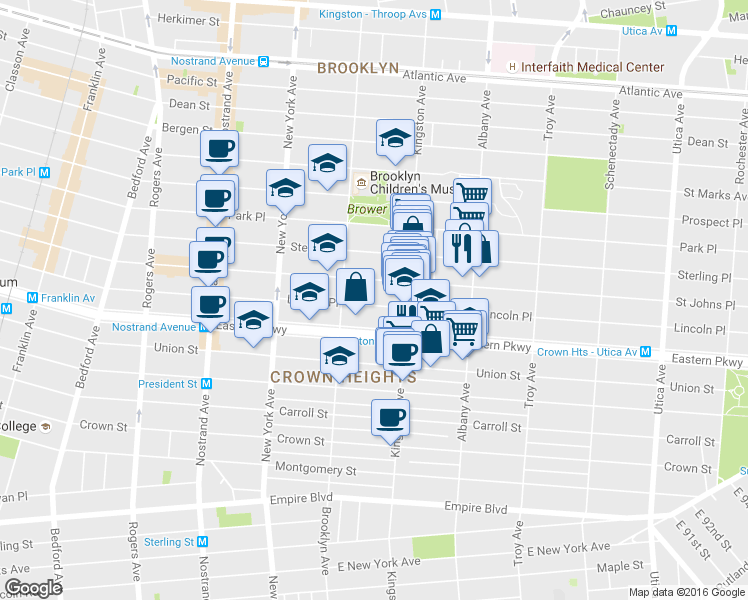 map of restaurants, bars, coffee shops, grocery stores, and more near 1034 Saint Johns Place in Brooklyn