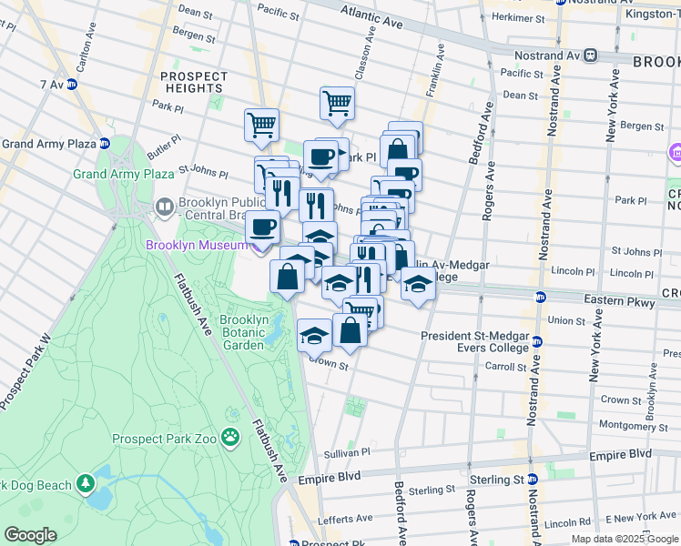 map of restaurants, bars, coffee shops, grocery stores, and more near 260 Eastern Parkway in Brooklyn