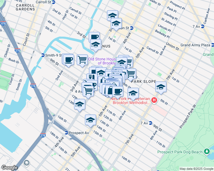 map of restaurants, bars, coffee shops, grocery stores, and more near 225 8th Street in Brooklyn