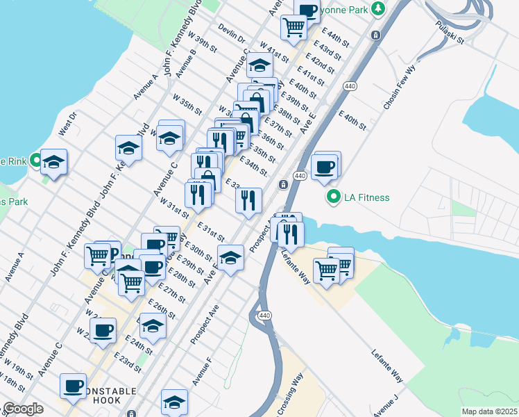 map of restaurants, bars, coffee shops, grocery stores, and more near 510 Avenue E in Bayonne