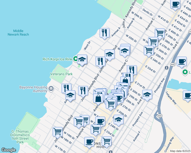 map of restaurants, bars, coffee shops, grocery stores, and more near 120 West 29th Street in Bayonne