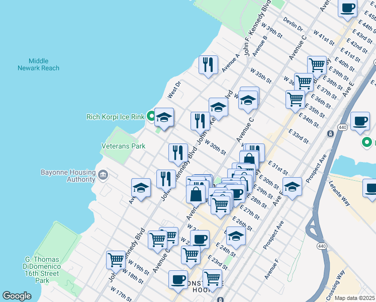 map of restaurants, bars, coffee shops, grocery stores, and more near 120 West 29th Street in Bayonne