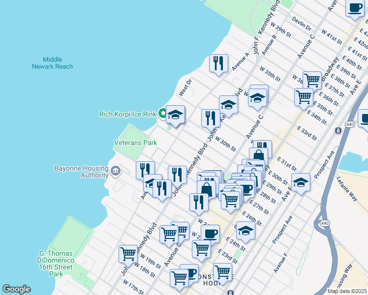 map of restaurants, bars, coffee shops, grocery stores, and more near 658 Avenue A in Bayonne