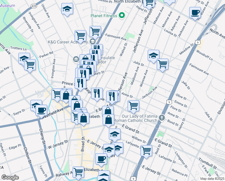 map of restaurants, bars, coffee shops, grocery stores, and more near 1161 Anna Street in Elizabeth