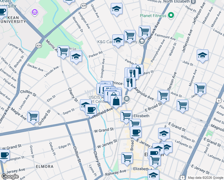 map of restaurants, bars, coffee shops, grocery stores, and more near 363 Union Avenue in Elizabeth