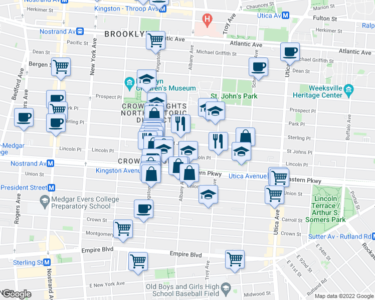 map of restaurants, bars, coffee shops, grocery stores, and more near 1178 Saint Johns Place in Brooklyn