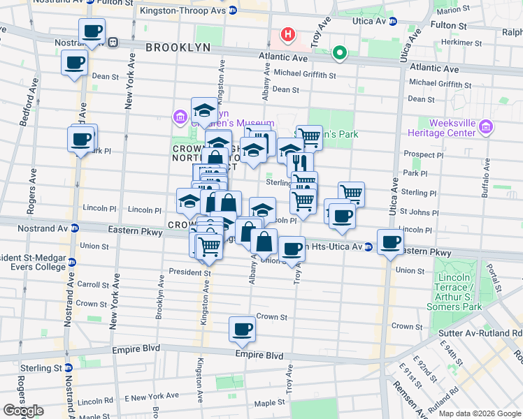 map of restaurants, bars, coffee shops, grocery stores, and more near 283 Albany Avenue in Brooklyn