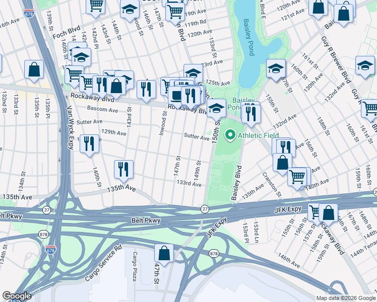 map of restaurants, bars, coffee shops, grocery stores, and more near 128-21 147th Street in Queens