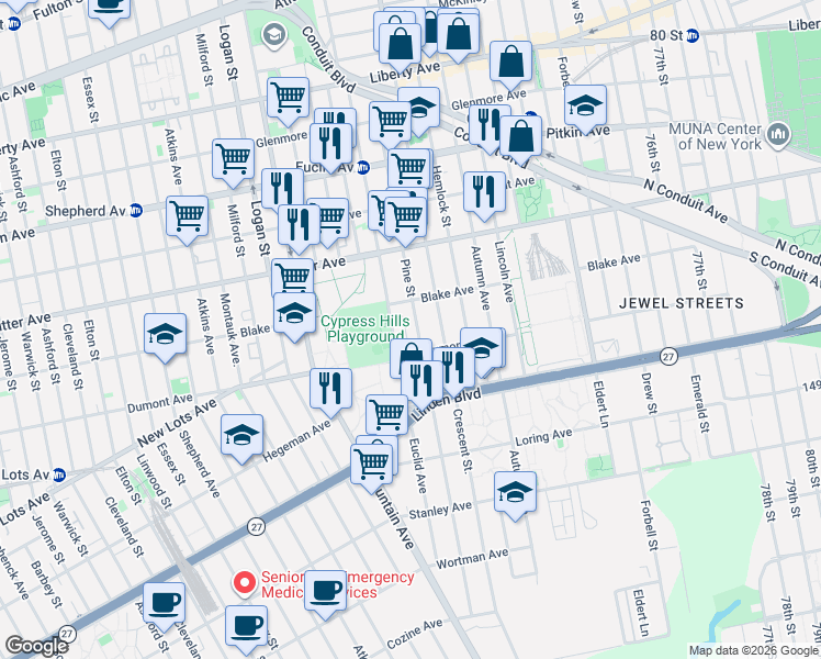map of restaurants, bars, coffee shops, grocery stores, and more near 653 Euclid Avenue in Brooklyn